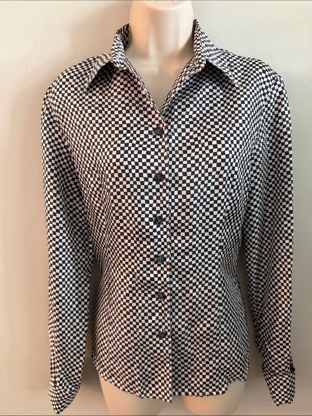 Oscar de la Renta Navy Blue and White Check Button-Down Shirt 100% Silk Size 4